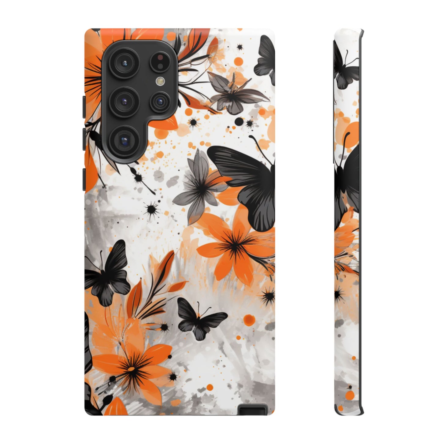 Bold Butterfly & Floral Splash Mobile Cover – Black & Orange Aesthetic
