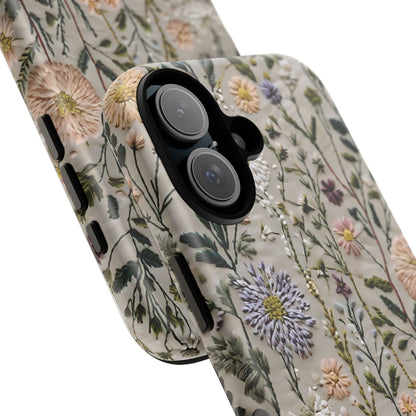 Intricate Embroidery Artwork Featuring Botanical Elements On Beige phone case design.