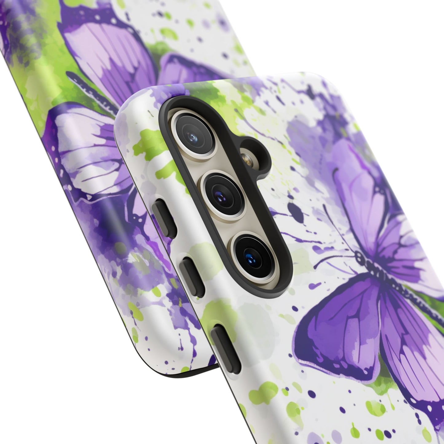 Vibrant Purple Butterfly Splash Mobile Cover – Artistic Green & Violet Aesthetic