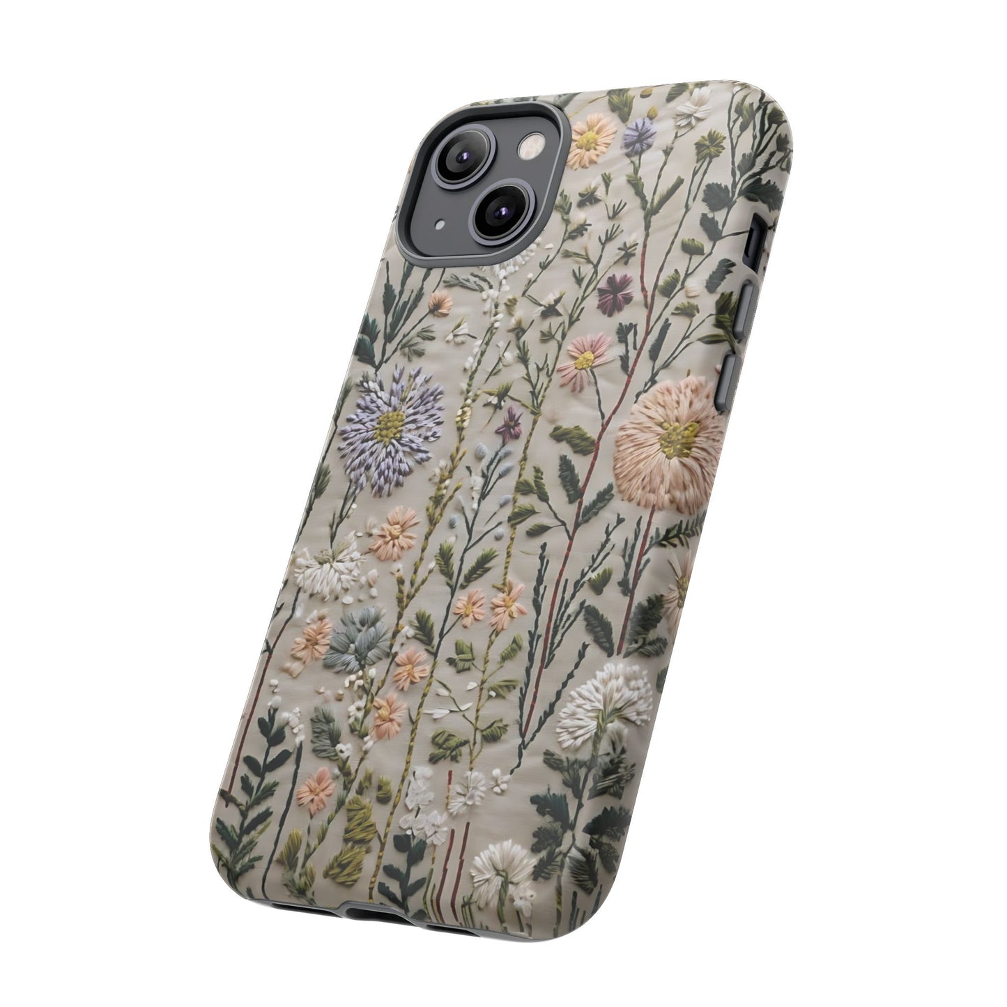 Intricate Embroidery Artwork Featuring Botanical Elements On Beige phone case design.