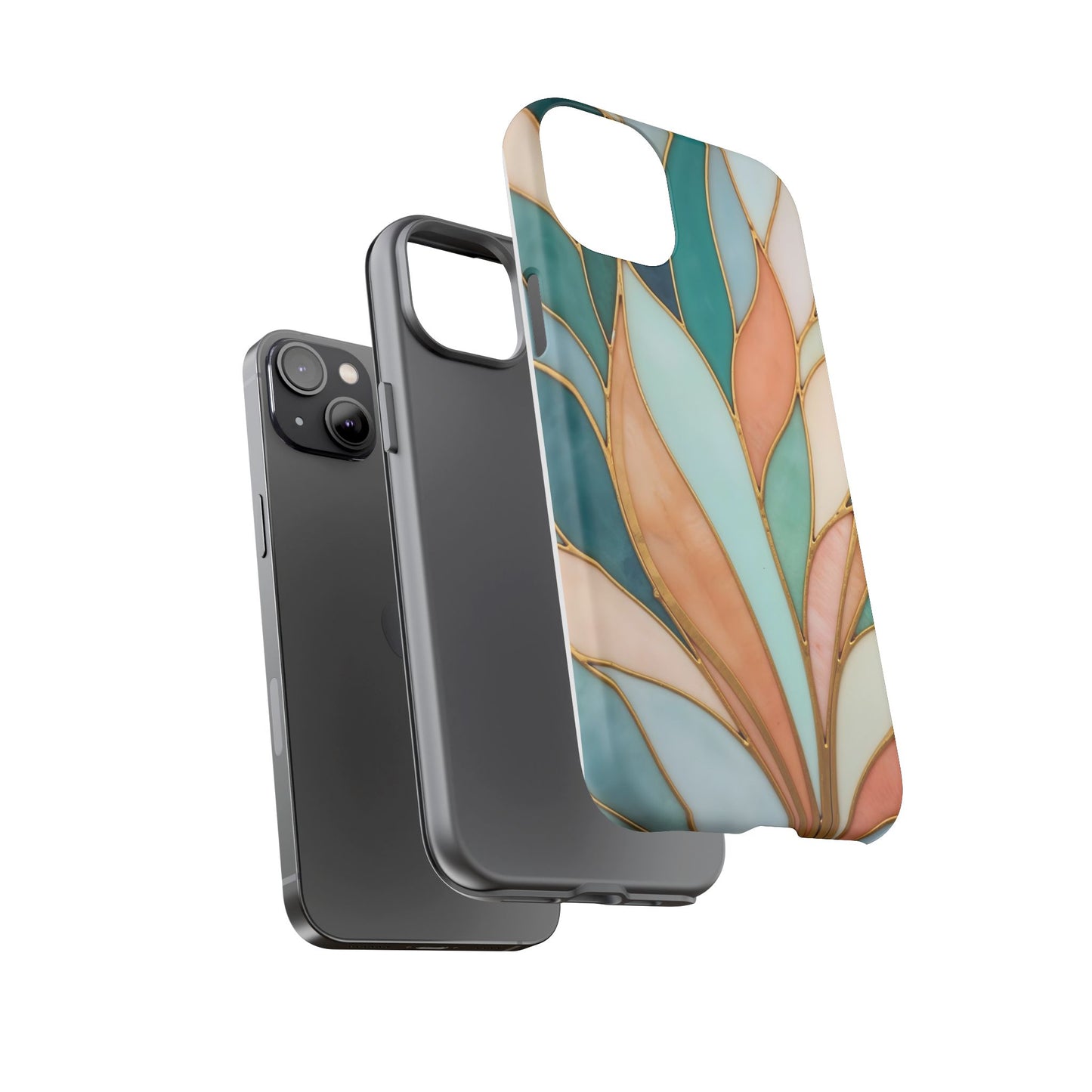 Geometric Leaves: Teal, Peach, and Gold Harmony