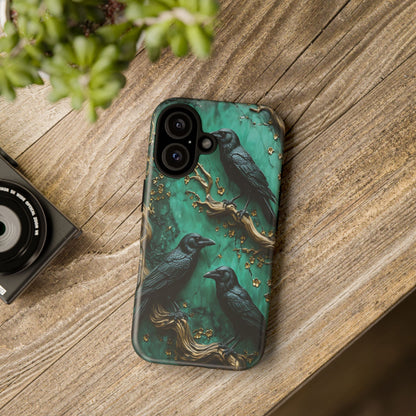 Three Black Ravens Perched On Gold-Accent Branches phone case design