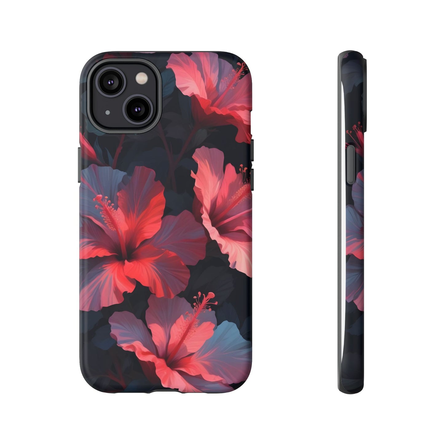 Vibrant red and pink hibiscus flowers blooming against a dark background| Floral phone case design
