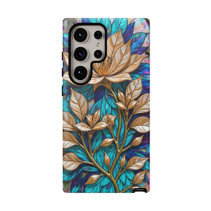 Majestic Golden Blossoms on Mosaic Blue Splendor