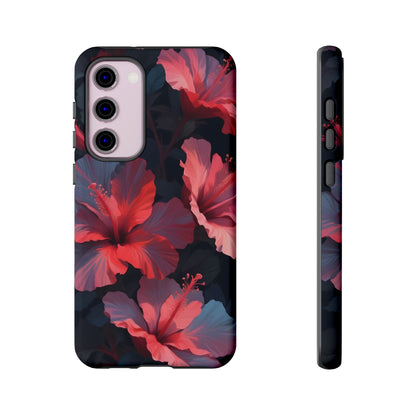 Vibrant red and pink hibiscus flowers blooming against a dark background| Floral phone case design