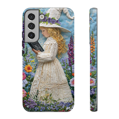 Whimsical Embroidery Of A Girl Reading In A Garden phone case design.