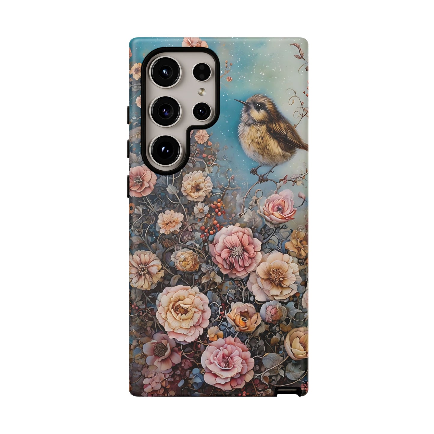 Whimsical Bird Surrounded By Lush Flowers In Dreamlike Setting phone case design