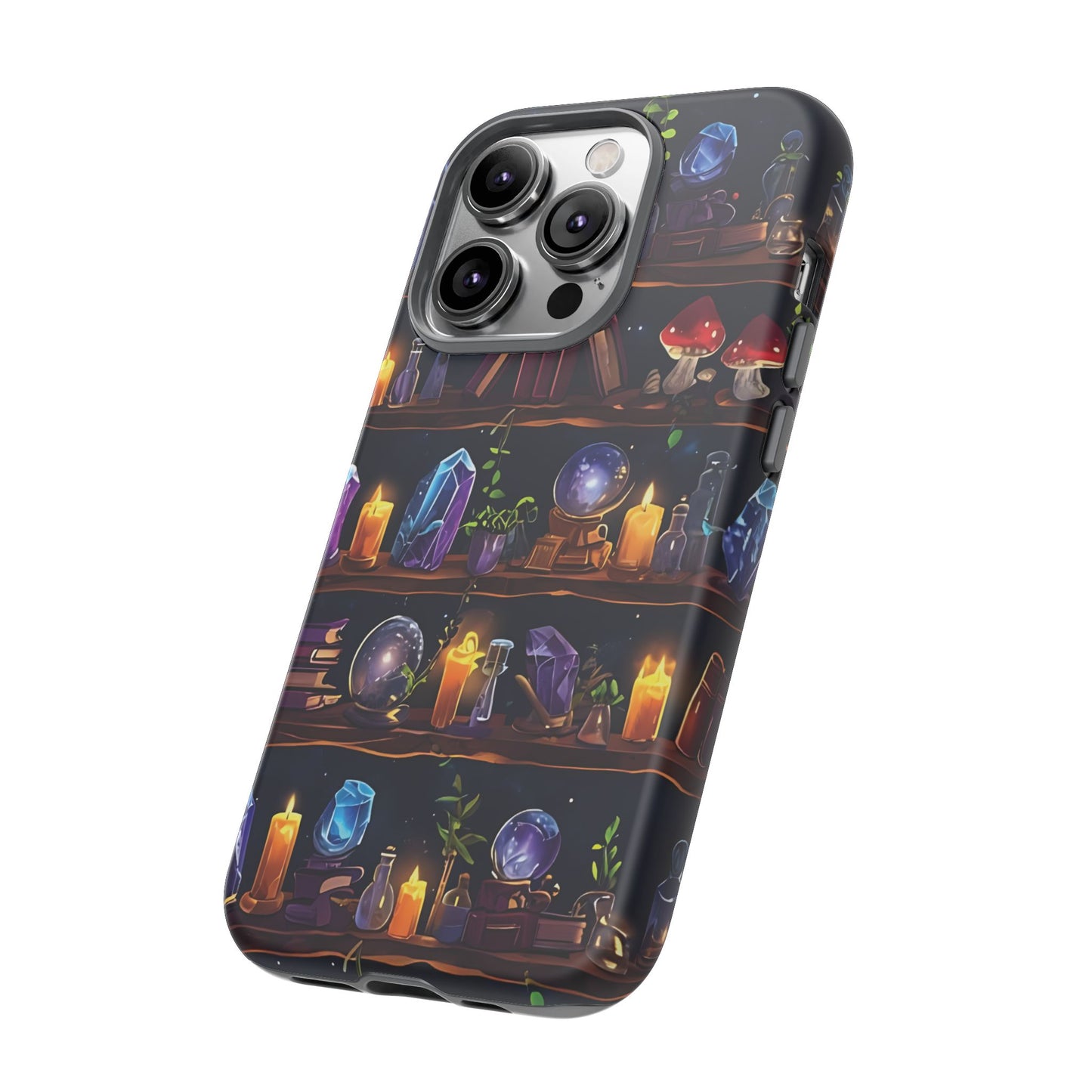 Fantasy Seamless Pattern Of Wooden Shelves Filled With Mystical Items phone case design.