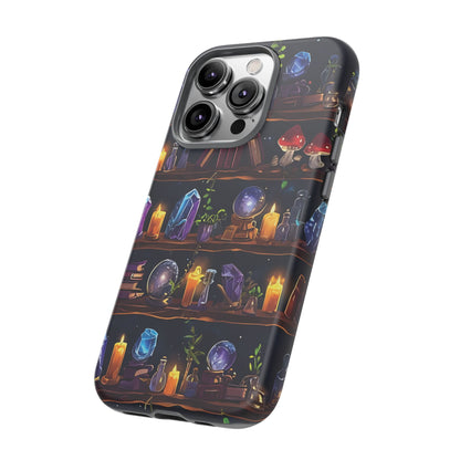 Fantasy Seamless Pattern Of Wooden Shelves Filled With Mystical Items phone case design.