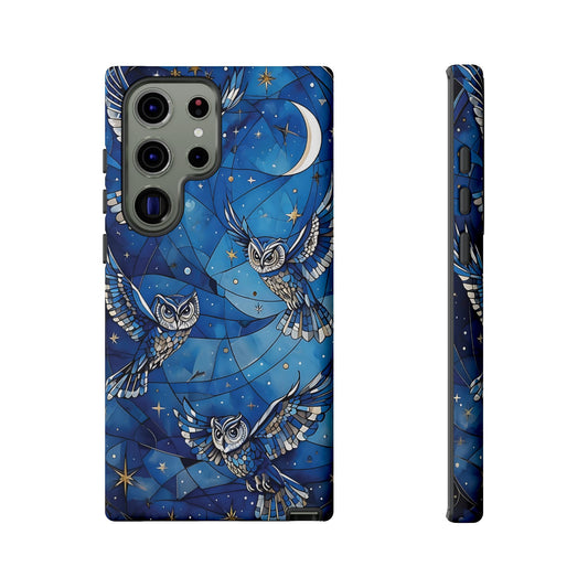Surrealistic Owls Soaring Through A Celestial Night Sky phone case design.