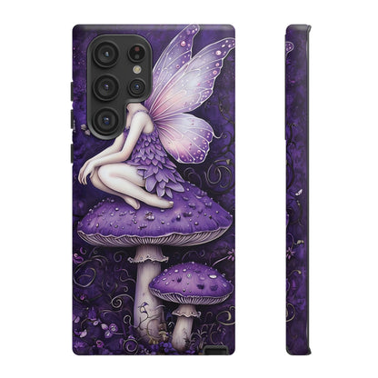 Whimsical Fairy Seated On Purple Mushroom In Enchanting Scene phone case design.