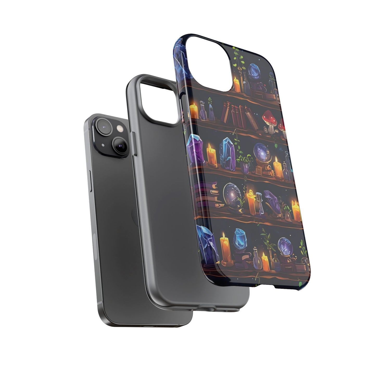 Fantasy Seamless Pattern Of Wooden Shelves Filled With Mystical Items phone case design.