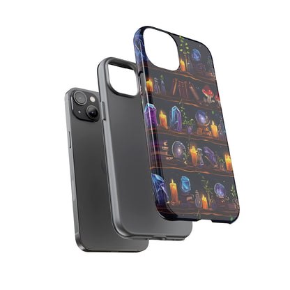 Fantasy Seamless Pattern Of Wooden Shelves Filled With Mystical Items phone case design.
