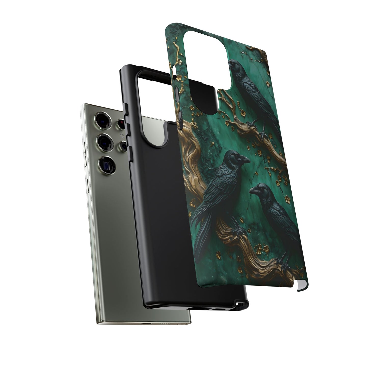 Three Black Ravens Perched On Gold-Accent Branches phone case design