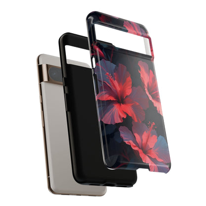 Vibrant red and pink hibiscus flowers blooming against a dark background| Floral phone case design