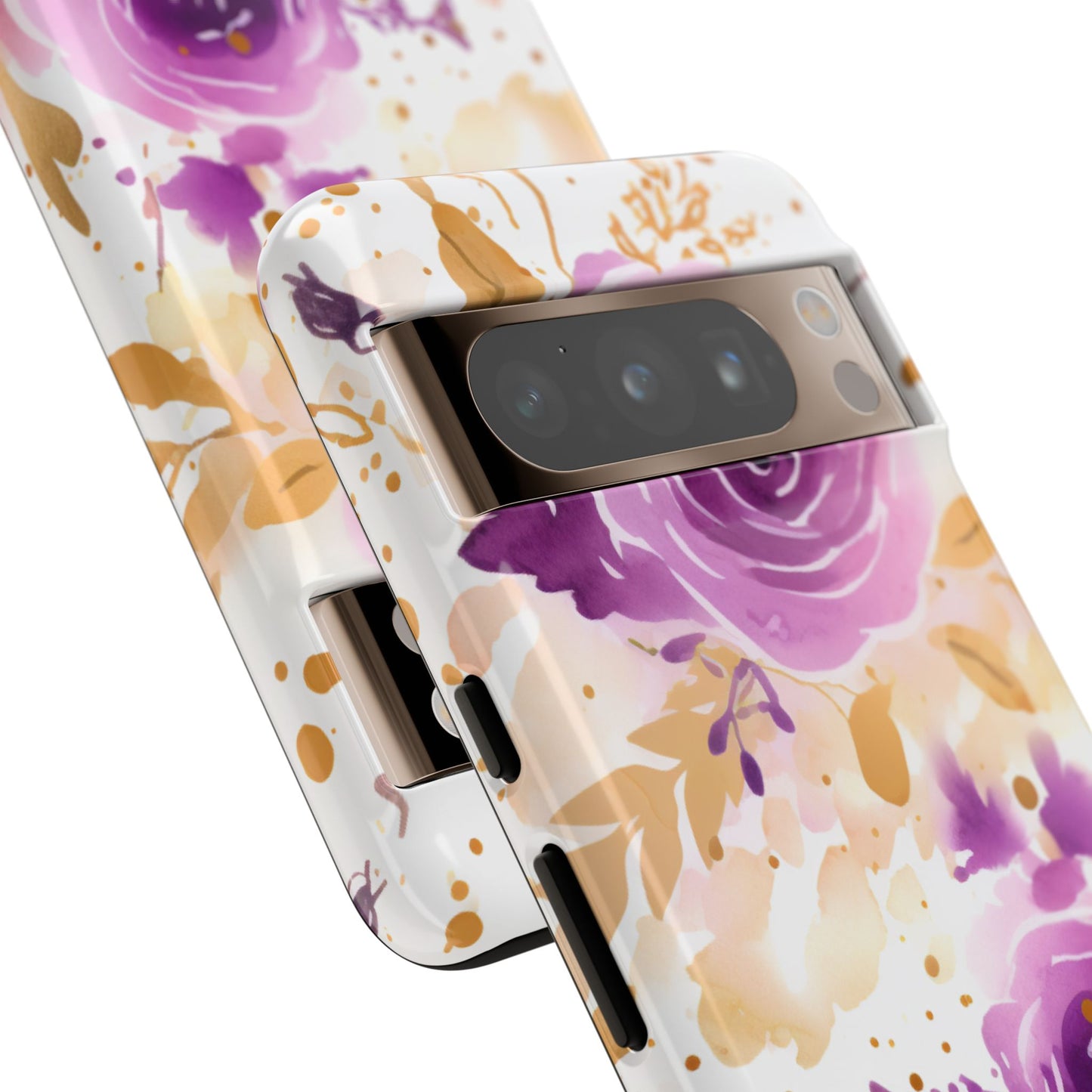 Purple Bloom Watercolor Mobile Case – Artistic Elegance in Gold & Lilac