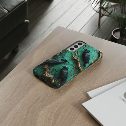 Three Black Ravens Perched On Gold-Accent Branches phone case design