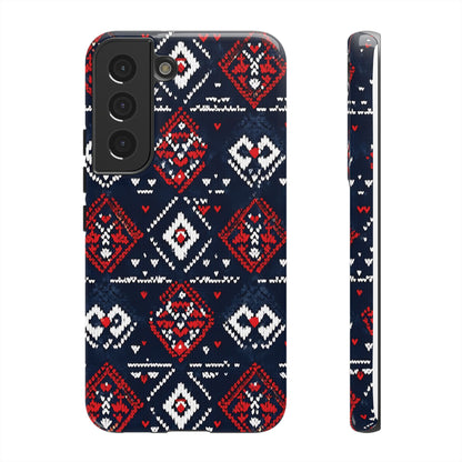 Knitted Pattern With Diamonds And Festive Motifs On Navy phone case design.