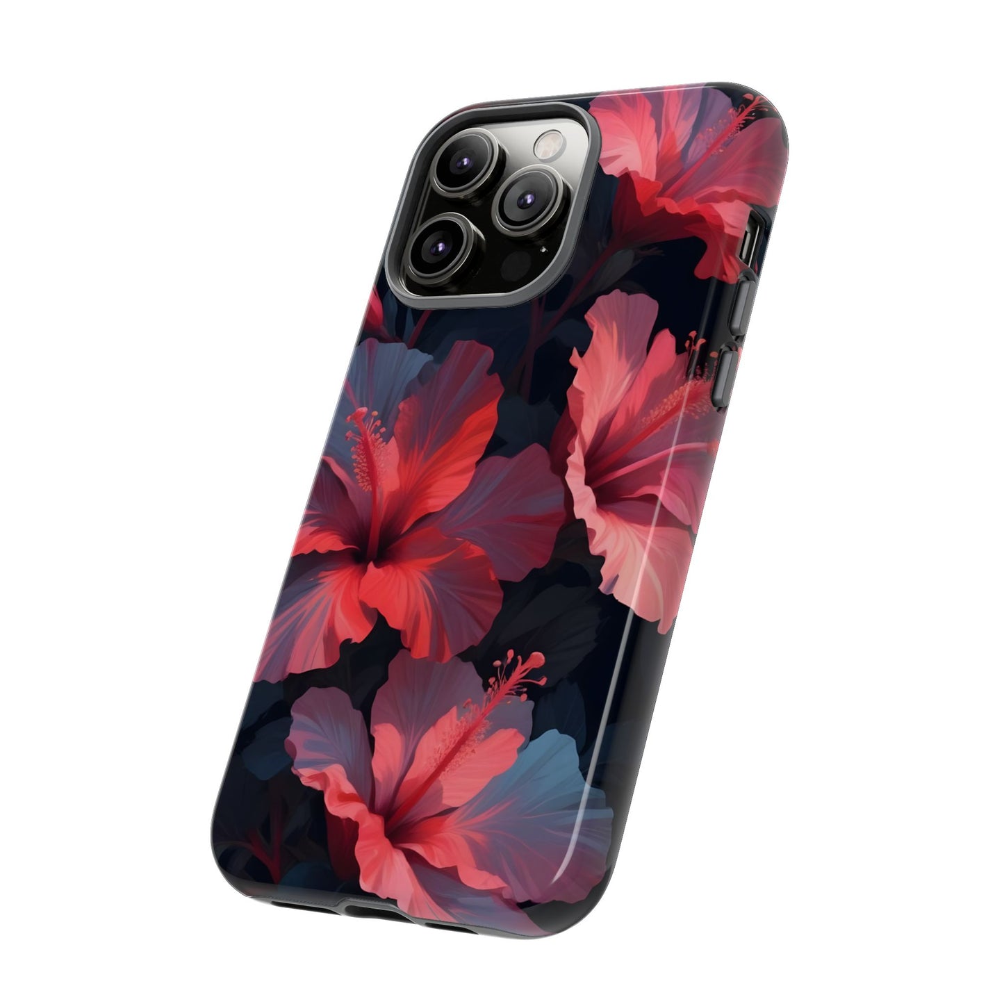 Vibrant red and pink hibiscus flowers blooming against a dark background| Floral phone case design