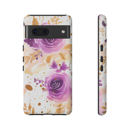 Purple Bloom Watercolor Mobile Case – Artistic Elegance in Gold & Lilac