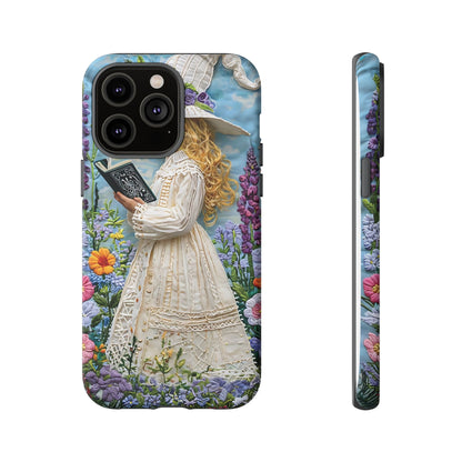 Whimsical Embroidery Of A Girl Reading In A Garden phone case design.