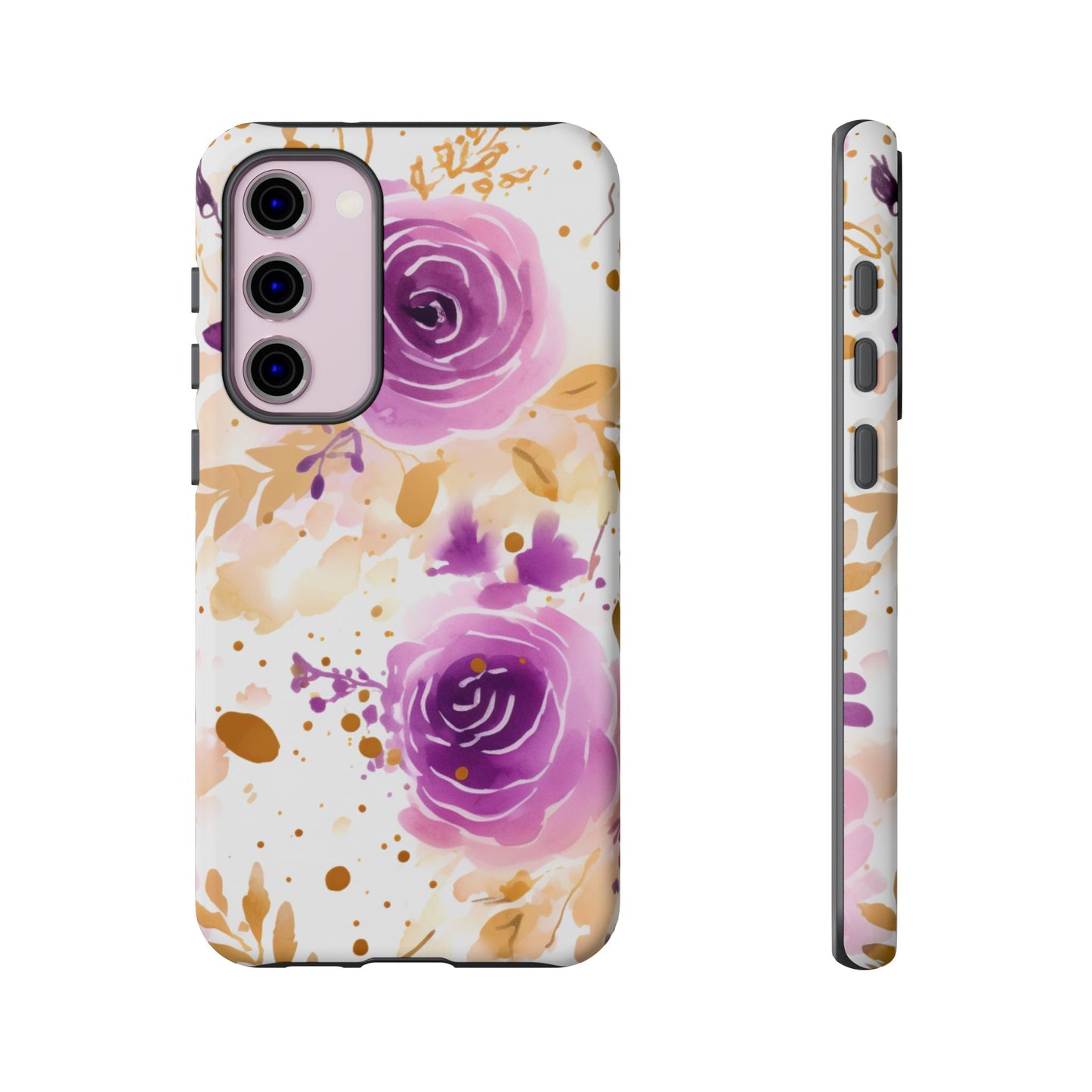 Purple Bloom Watercolor Mobile Case – Artistic Elegance in Gold & Lilac
