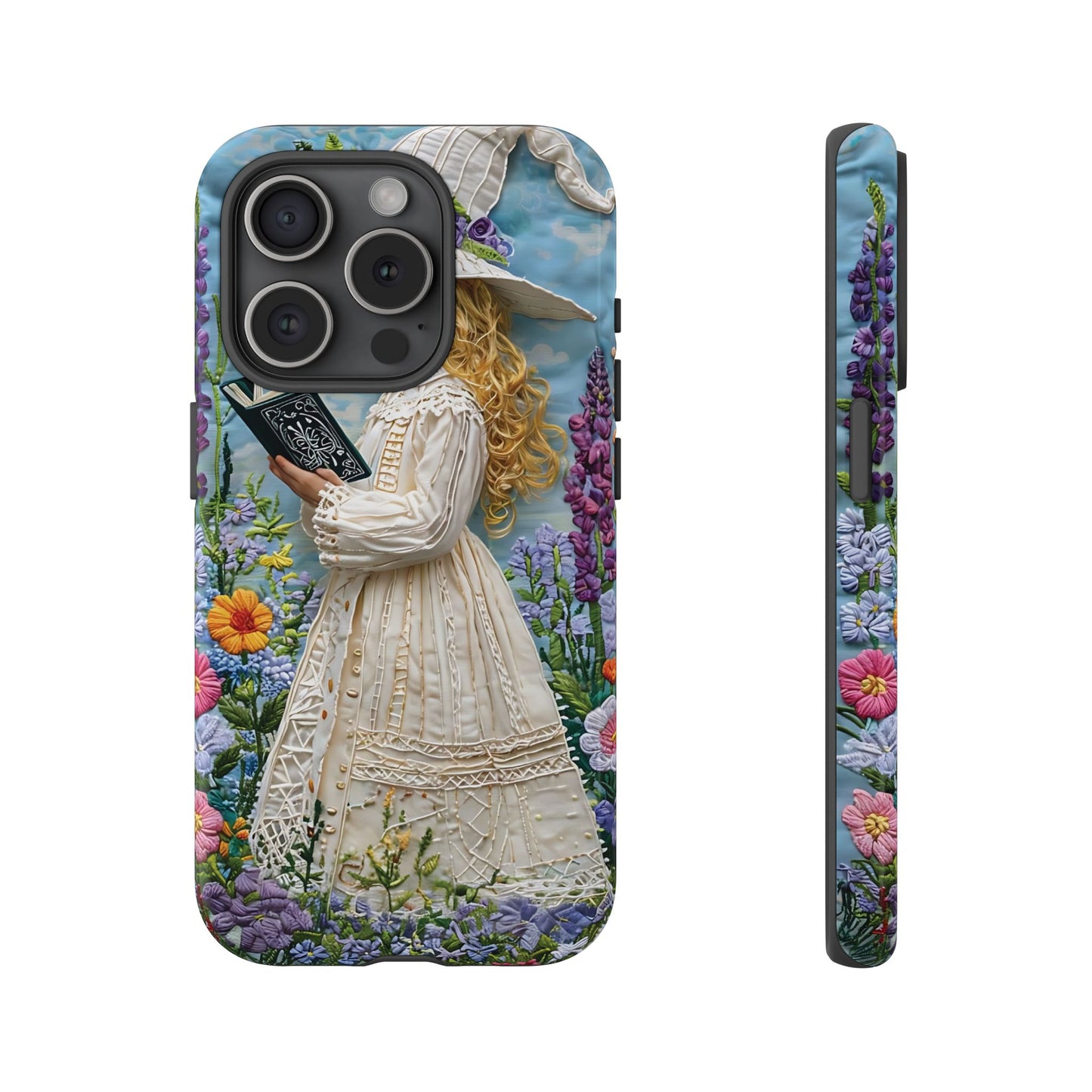 Whimsical Embroidery Of A Girl Reading In A Garden phone case design.