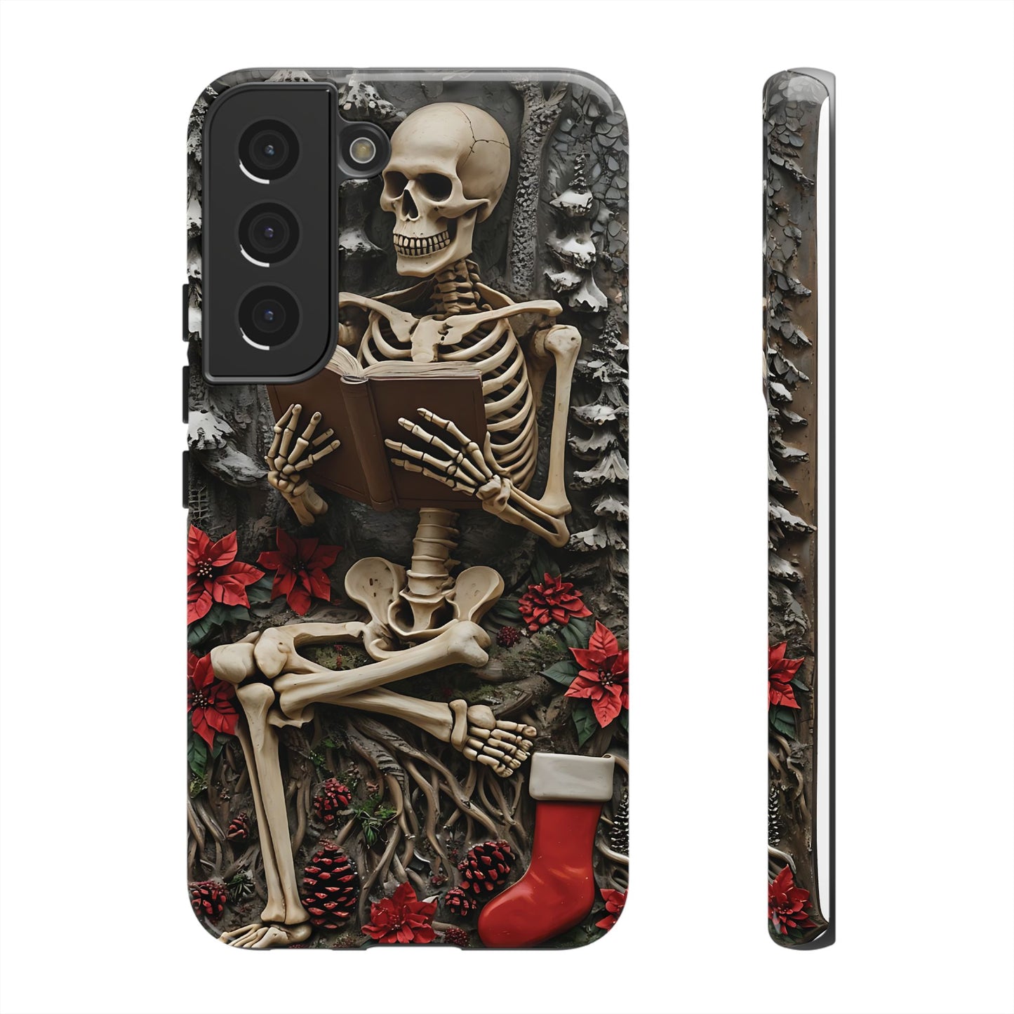 Surreal Relief Sculpture of Skeleton Reading Amidst Festive Decor phone case design
