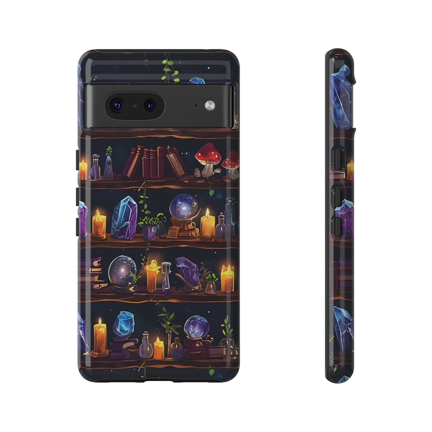 Fantasy Seamless Pattern Of Wooden Shelves Filled With Mystical Items phone case design.