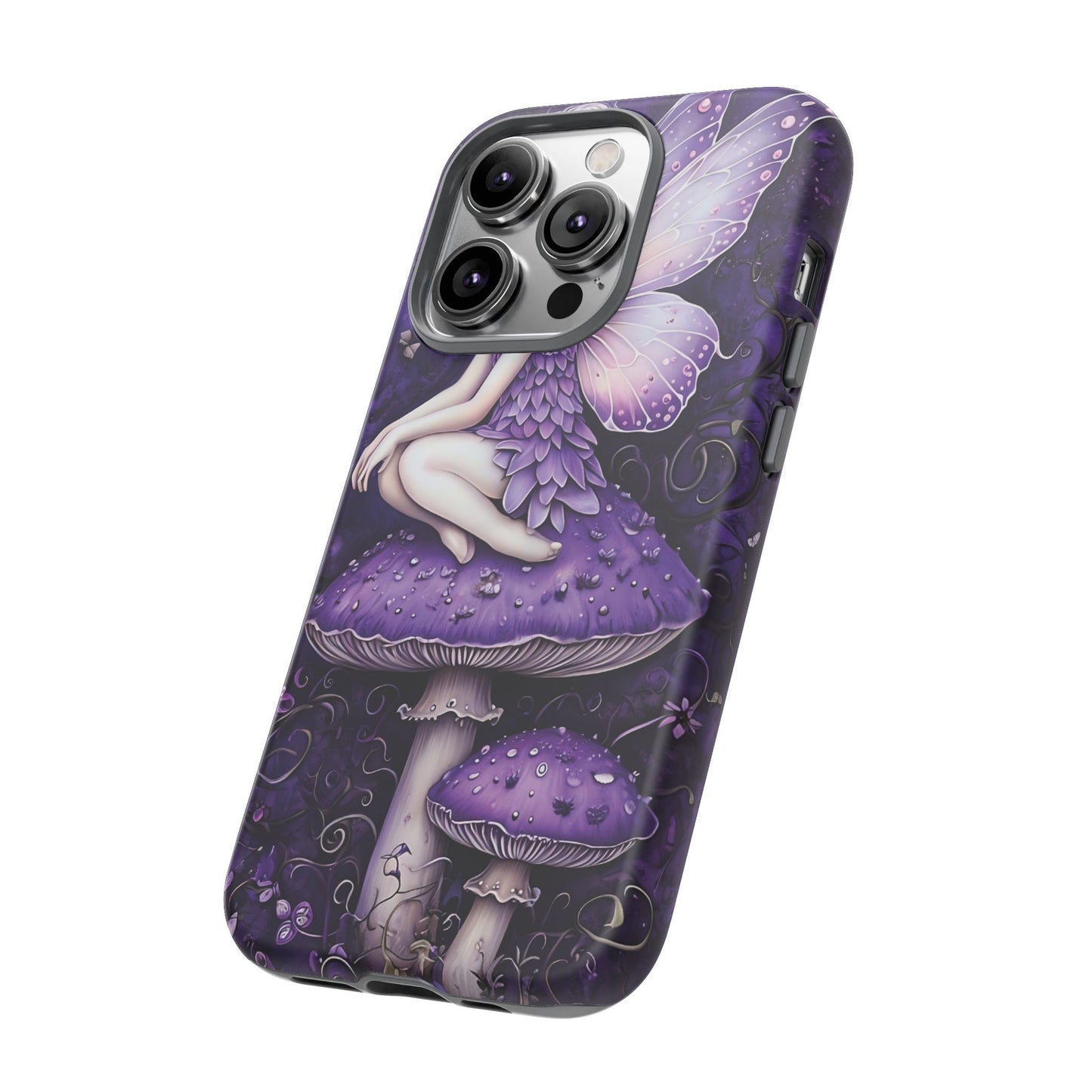 Whimsical Fairy Seated On Purple Mushroom In Enchanting Scene phone case design.