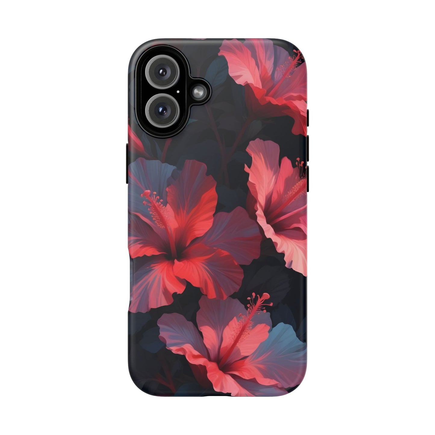 Vibrant red and pink hibiscus flowers blooming against a dark background| Floral phone case design