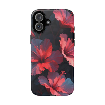 Vibrant red and pink hibiscus flowers blooming against a dark background| Floral phone case design