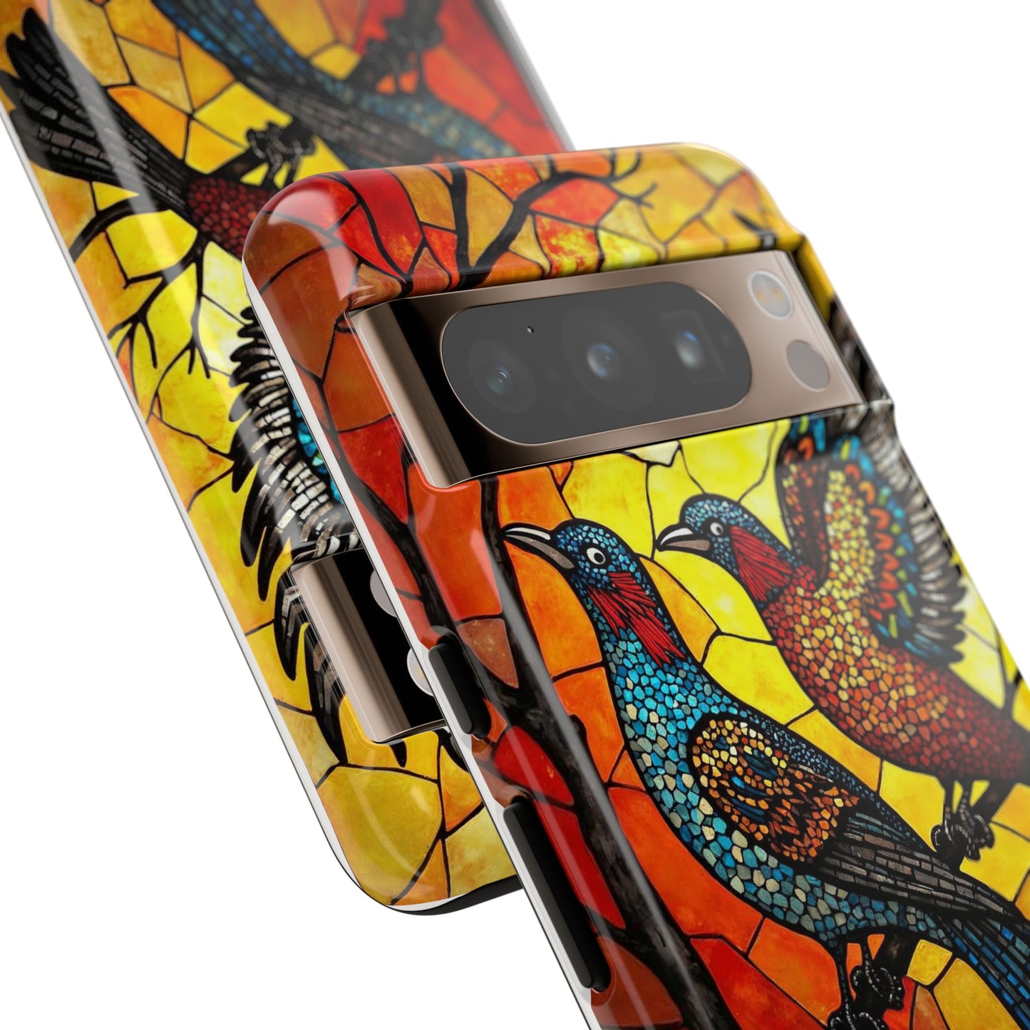 Vibrant Hummingbirds with Stained Glass Charm