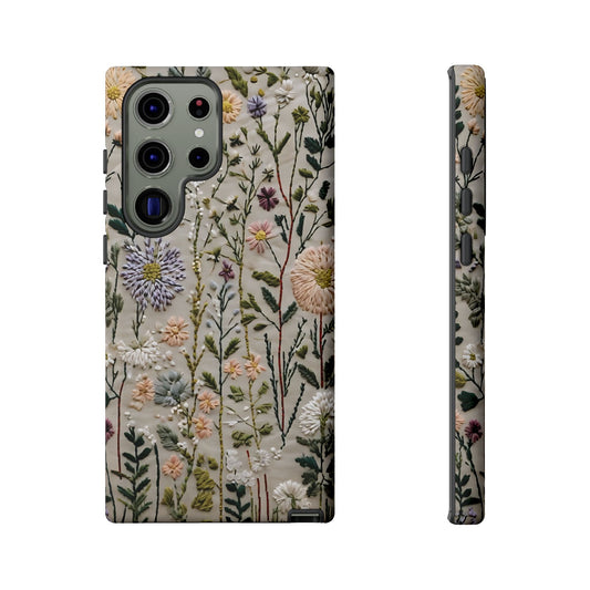 Intricate Embroidery Artwork Featuring Botanical Elements On Beige phone case design.