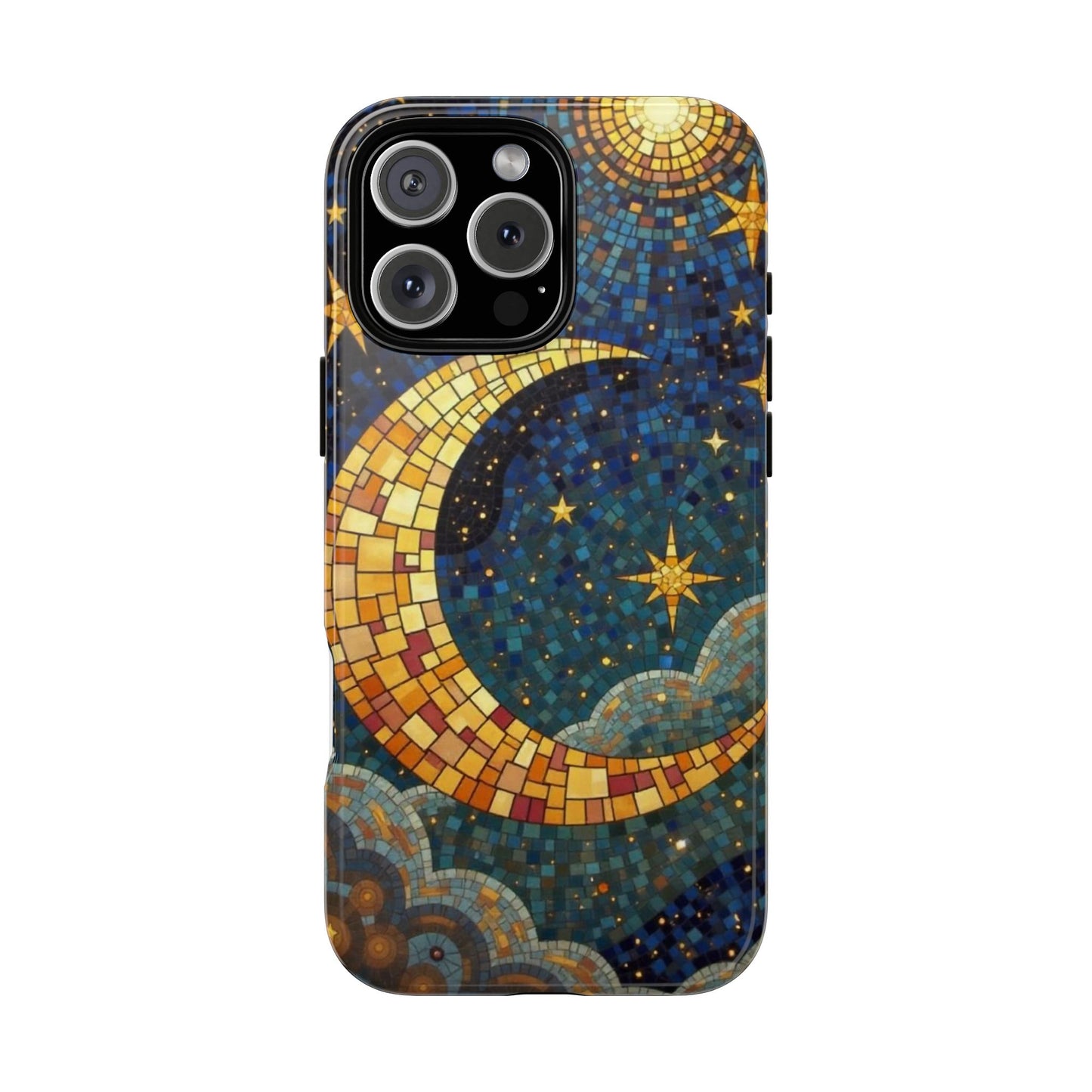 Golden Crescent: Mosaic Moon and Starry Night