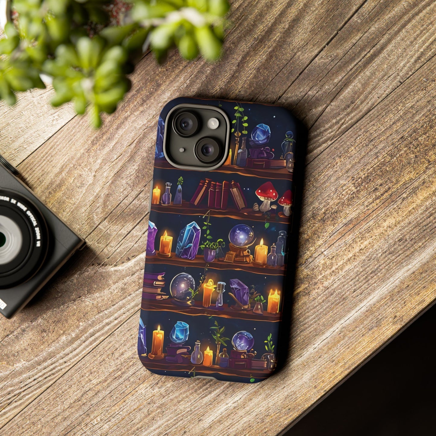 Fantasy Seamless Pattern Of Wooden Shelves Filled With Mystical Items phone case design.