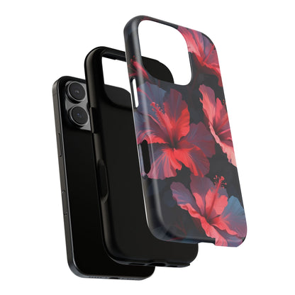 Vibrant red and pink hibiscus flowers blooming against a dark background| Floral phone case design