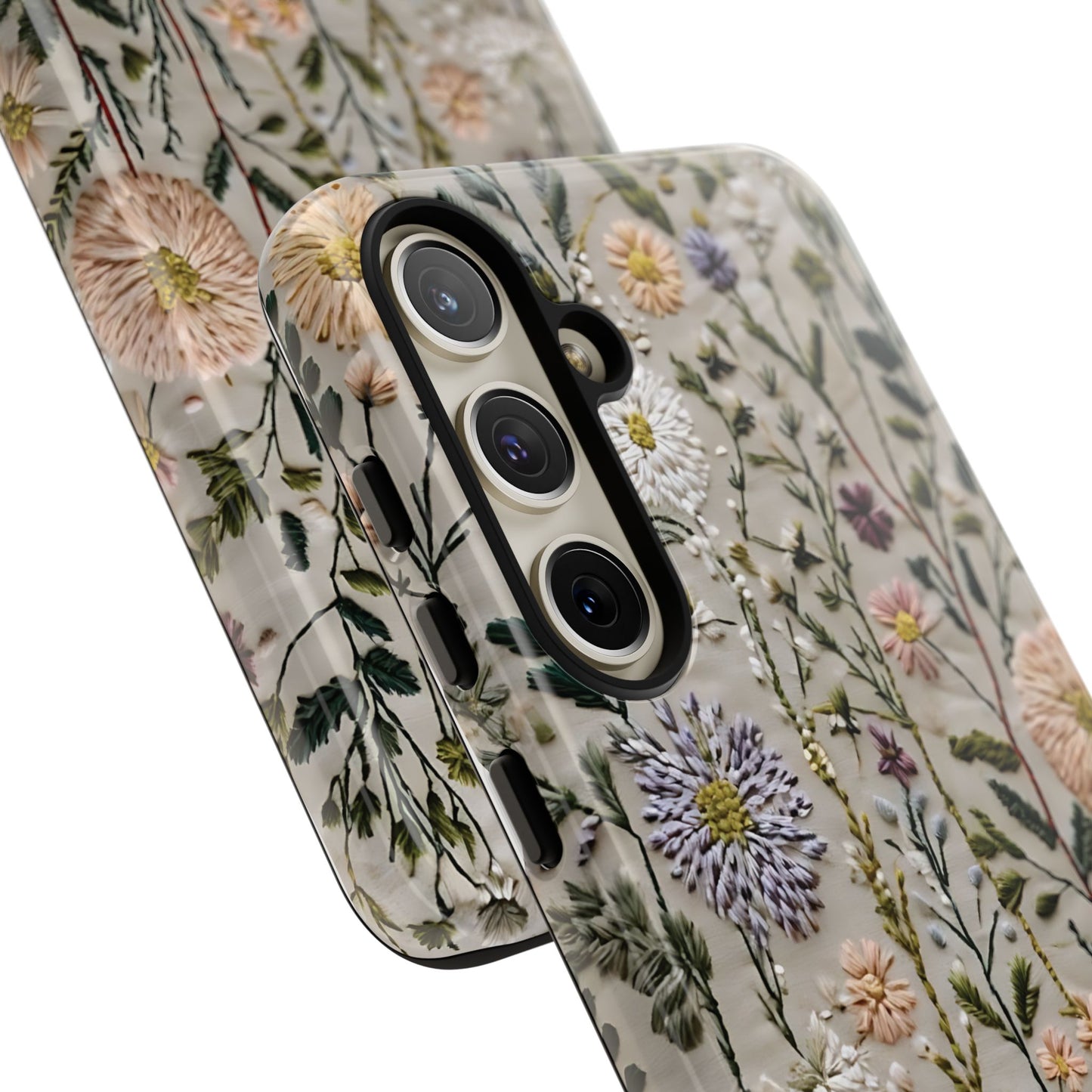 Intricate Embroidery Artwork Featuring Botanical Elements On Beige phone case design.