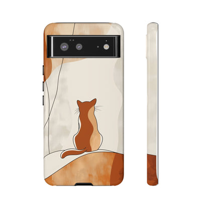 Contemplative Cat: Minimalist Sunset Phone Case for iPhone, Samsung & Pixel