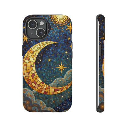 Golden Crescent: Mosaic Moon and Starry Night