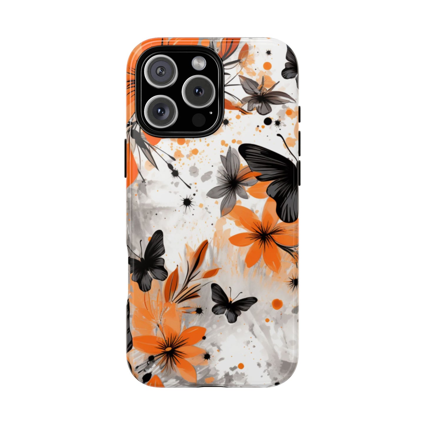Bold Butterfly & Floral Splash Mobile Cover – Black & Orange Aesthetic