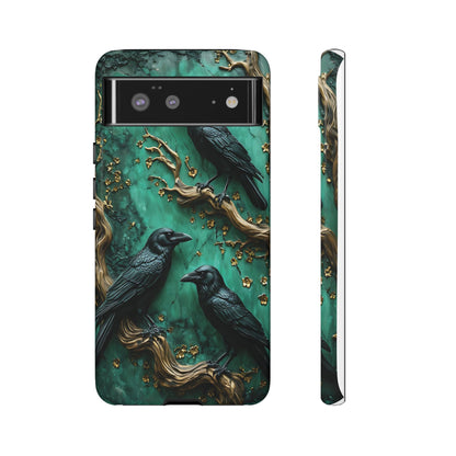 Three Black Ravens Perched On Gold-Accent Branches phone case design