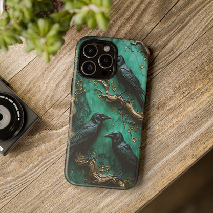 Three Black Ravens Perched On Gold-Accent Branches phone case design
