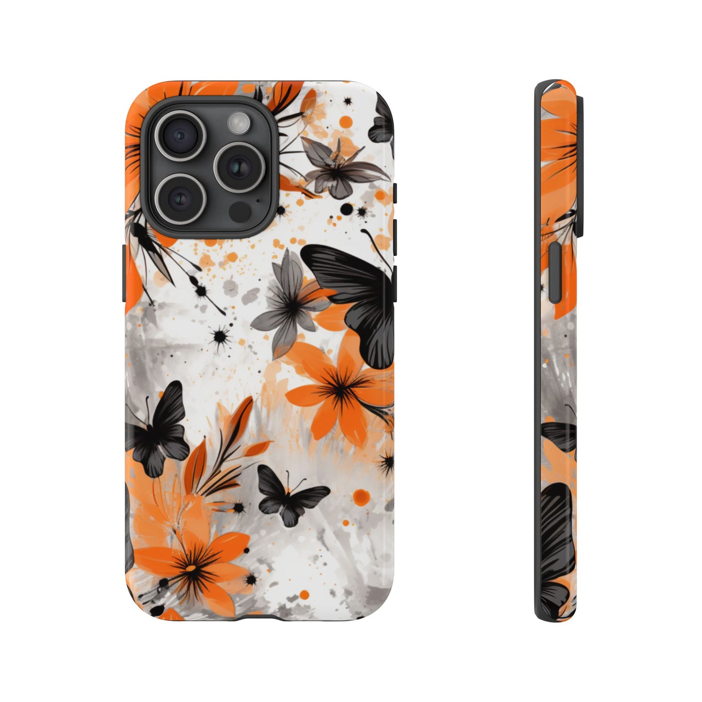 Bold Butterfly & Floral Splash Mobile Cover – Black & Orange Aesthetic