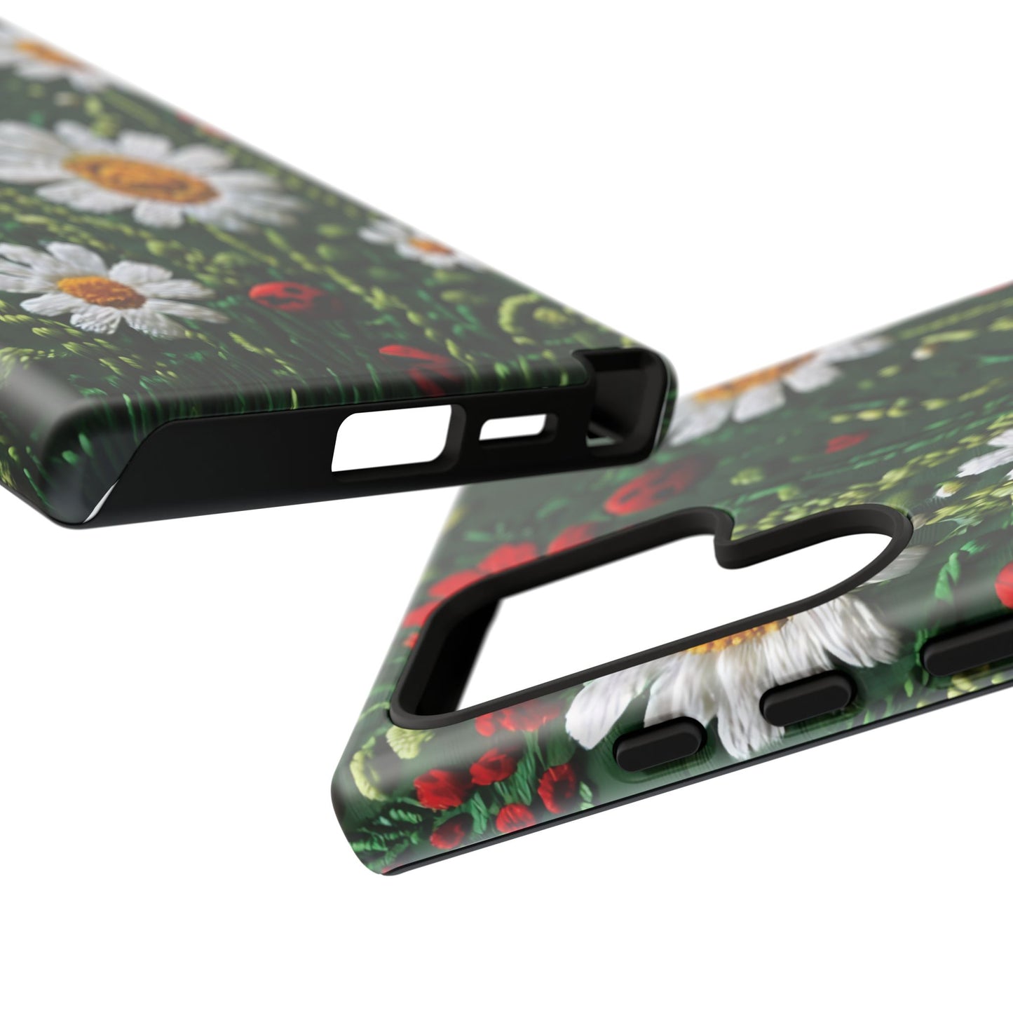 Intricate Embroidered Fabric Featuring Daisies And Ladybugs phone case design