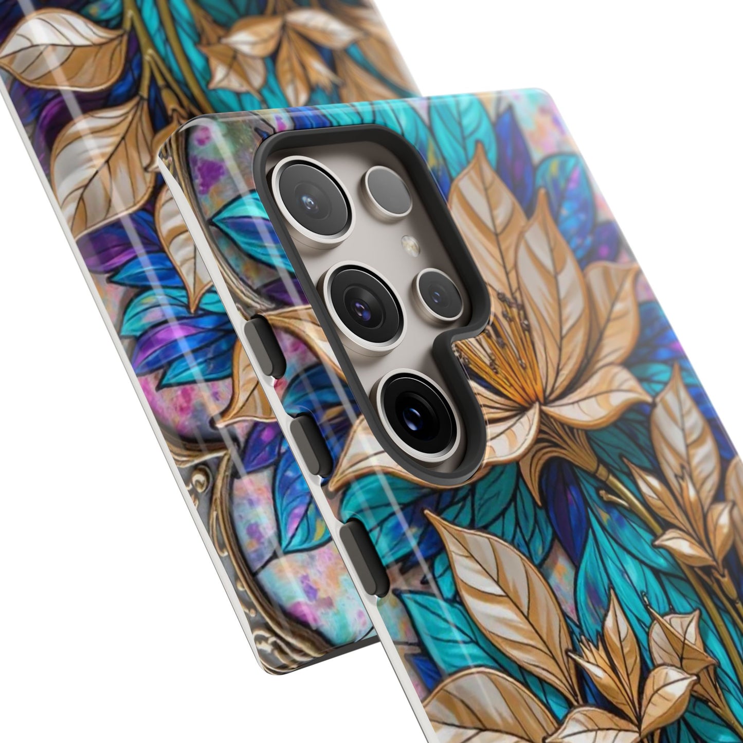 Majestic Golden Blossoms on Mosaic Blue Splendor