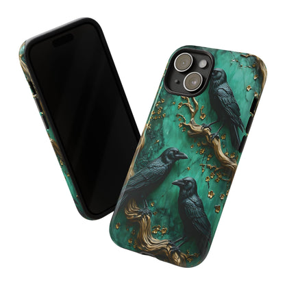 Three Black Ravens Perched On Gold-Accent Branches phone case design