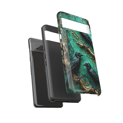 Three Black Ravens Perched On Gold-Accent Branches phone case design