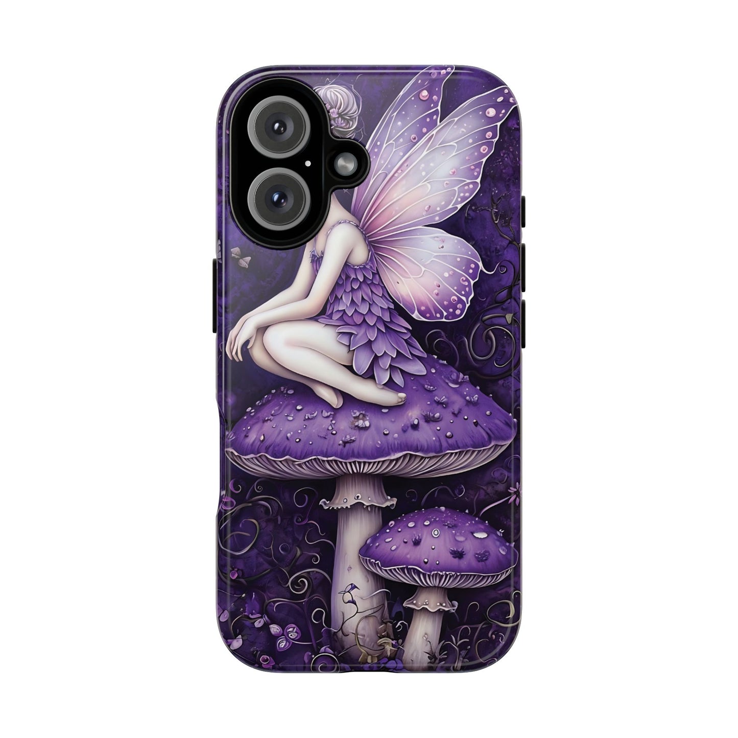 Whimsical Fairy Seated On Purple Mushroom In Enchanting Scene phone case design.