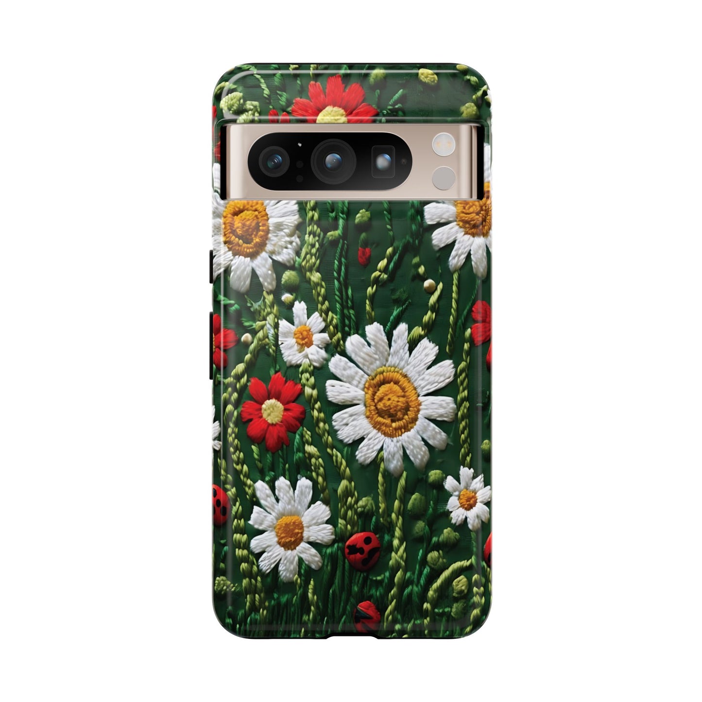Intricate Embroidered Fabric Featuring Daisies And Ladybugs phone case design